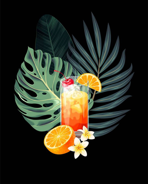 Tequila sunrise and palm leaf vector illustration - Vector, afbeelding