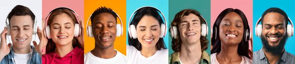 Fröhliche multiethnische junge Menschen hören Musik - Foto, Bild