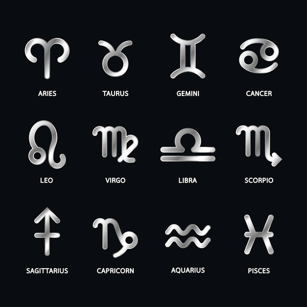 12 eläinradan symbolia. Hehkuva kokoelma Astrologia Zodiac merkkejä. Hehkuva paistaa 12 metallista horoskooppimerkkiä. - Vektori, kuva