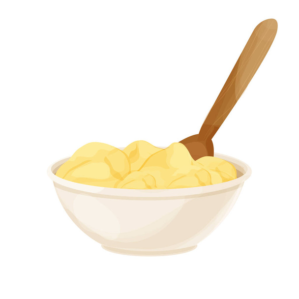 Ghee in bowl with wooden spoon asia traditional butter in cartoon style isolated on white background. Organic, vegetarian food, ingredient.  - Vector, Image