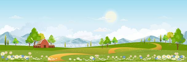 Paesaggio primaverile in villaggio con campo verde e tramonto, Cartoni animati piani terreni agricoli rurali con montagna e foresta, cielo rosa e blu, Scena naturale in campagna, Vista panoramica nella giornata di sole Estate - Vettoriali, immagini