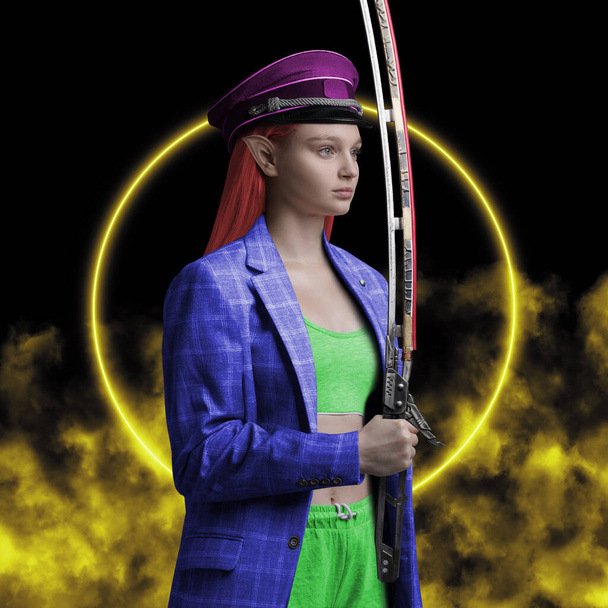 Жінка ельф з гострою шапочкою і лезом на абстрактному фоні
 - Фото, зображення