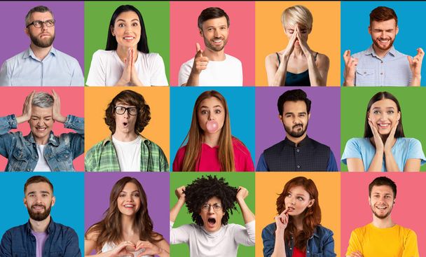 Diverse people community concept. Collage of multiracial human headshots over bright studio backgrounds - Φωτογραφία, εικόνα