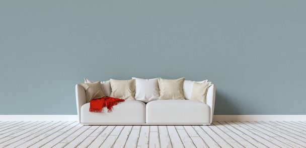 Sofa on a blue wall in living room with space for canvas, banner size, copyspace for your individual text. - Фото, изображение