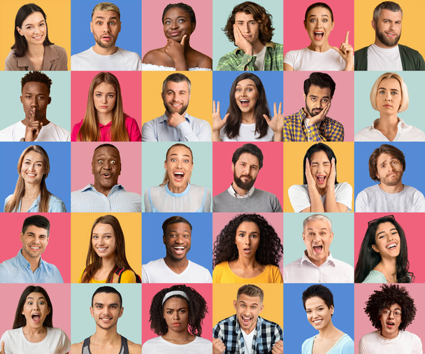 Mozaïek van multiraciale mensen met verschillende gevoelens en emoties op kleurrijke studio-achtergronden, creatieve collage - Foto, afbeelding
