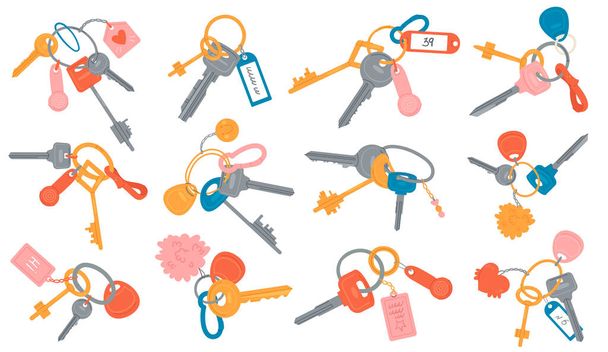 Bunch kulcsok és kulcstartók zár és kinyit otthoni ajtó készlet különböző kulcsokkal - Vektor, kép