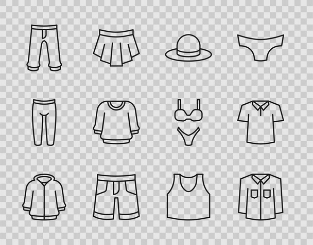 Set linea felpa con cappuccio, camicia, cappello uomo, pantaloncini o pantaloni, pantaloni, maglione, maglietta e icona. Vettore - Vettoriali, immagini