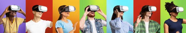 Modern eğlence. VR gözlük takan gençlerin kolajı ve artırılmış gerçeklik deneyimi, panorama - Fotoğraf, Görsel