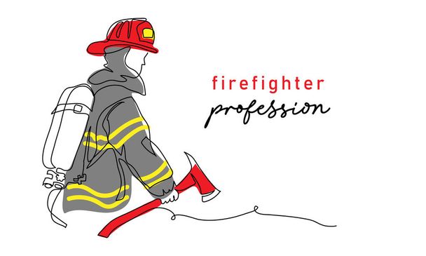 Fireman with ax in red helmet and uniform.One continuous line art drawing vector illustration of fireman - Vector, Image