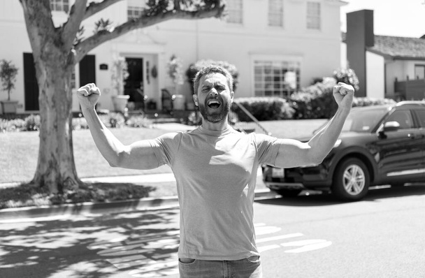 happy bearded man celebrate success. mature guy express happiness. - Photo, Image