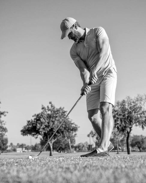 concentrated golfer in cap with golf club, golfing - 写真・画像