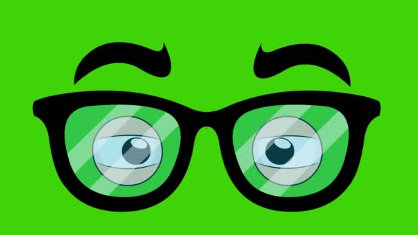 Loop animatie van de ogen met een bril knipperend, op een groene chroma key achtergrond - Video