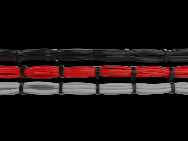 Μαύρα, κόκκινα και λευκά καλώδια δεμένα και δεμένα με φερμουάρ - Φωτογραφία, εικόνα