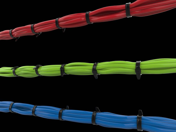 Cables rojos, verdes y azules separados y atados con cremalleras negras - Foto, imagen