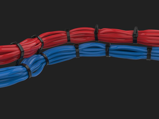 Rote und blaue Kabel fest mit schwarzen Reißverschlüssen gebunden - Foto, Bild