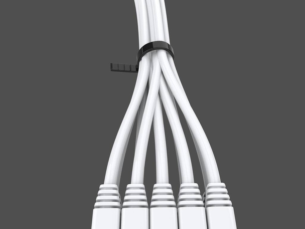 Montón de cables de red blancos conectados unidos con cremallera negra - Foto, imagen