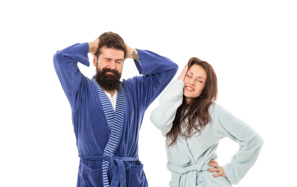 Feeling sleepy. Family couple with sleepy look. Tired man and woman in robes. Sleepiness - Photo, Image