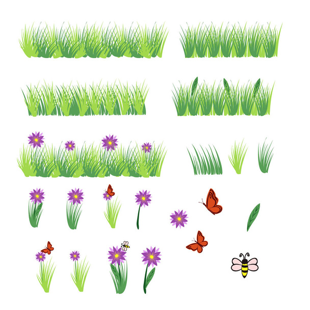 Trawa ustawiona. Zielona trawa i jasnozielone elementy. Duży komplet trawy. Zestaw kwiatów, liści, motyli i pszczół. Scrapbooking, ilustracja dla dzieci i tekstylia. - Wektor, obraz