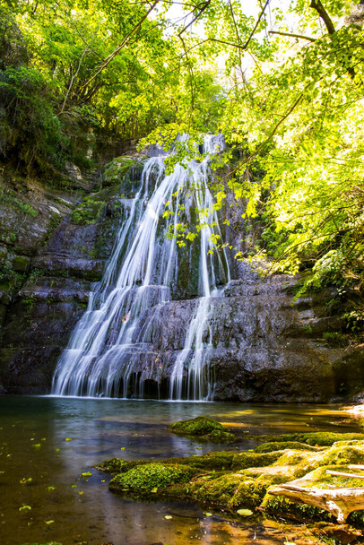 Spring in Gorg De L Olla waterfall in La Garrotxa, Girona, Spain. - Фото, изображение