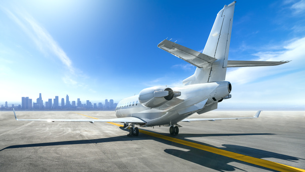 nowoczesny samolot pasażerski na pasie startowym z panoramą - Zdjęcie, obraz