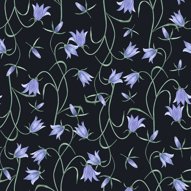 Watercolor botanical seamless pattern meadow wildflowers Campanulaceae. Hand drawn lilac flowers, natural elements on dark background. For birthday, wedding card, invitation, greeting, mother day. - 写真・画像