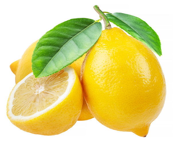 Frutas de limón y rodajas de limón con hojas verdes. El archivo contiene ruta de recorte. - Foto, Imagen