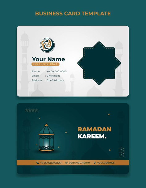 Шаблон визитки в белом и зеленом дизайне. арабский текст означает рамадан. Бело-зеленая ID-карта соблазняет дизайном. Также хороший соблазн для дизайна других визитных карточек. - Вектор,изображение