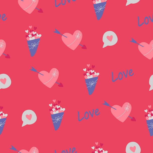Simple seamless pattern. The inscription love, heart and arrow, bouquet of hearts. Valentine's Day background. Flat design in boho style. - Vektor, Bild