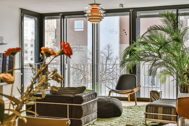Living room with green carpet near sofas and ottomans - Φωτογραφία, εικόνα