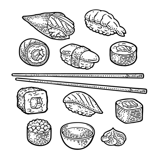 Set sushi. Chopsticks, wasabi, nigiri, maki, uramaki, temaki, philadelphia, ikura, soy sauce in bowl. Isolated on white. Vintage black vector engraving - Vector, imagen