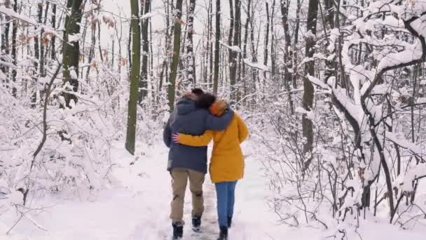 felizmente enamorada pareja sets abrazado a través del viento en un hermoso día de invierno - Imágenes, Vídeo