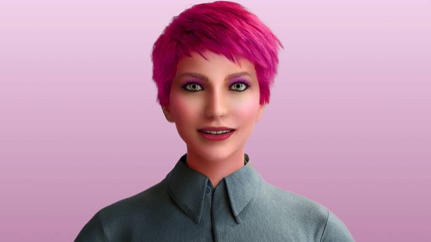 rosa mujer de pelo corto con camisa gris sobre fondo púrpura maquillaje niña dibujos animados 3D ilustración - Foto, imagen