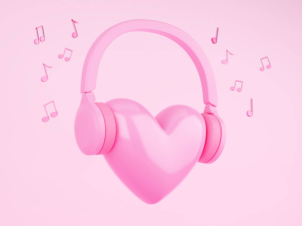 Heart and headphones. Illustration of love for music. Listen to your heart. Pink background. 3d rendering - Photo, Image