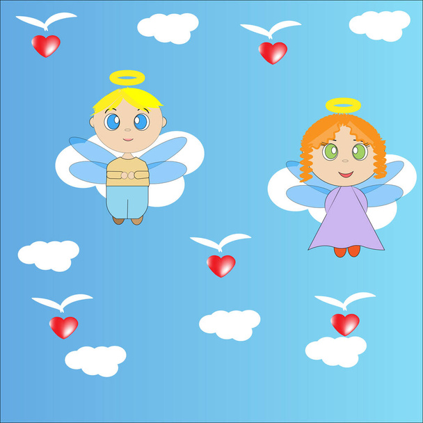 cute angels and hearts on a blue background - Φωτογραφία, εικόνα