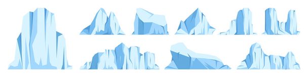 Colección de icebergs flotantes. Glaciar ártico a la deriva, bloque de agua congelada del océano. Montañas heladas con nieve. Derretimiento del pico de hielo. Paisaje nevado antártico. Polo Sur y Polo Norte. Ilustración vectorial. - Vector, imagen