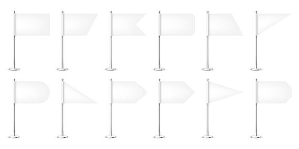 Realistico varie bandiere da tavolo su un palo in acciaio cromato. Bandiera bianca bianca in carta o stoffa. Cavalletto in metallo lucido. Mockup per promozione e pubblicità. Illustrazione vettoriale - Vettoriali, immagini