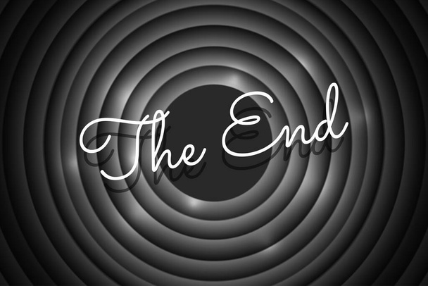The End handwrite title on black and white round background. Old cinema movie circle ending screen. Vector noir promotion poster design template illustration - Vector, Image