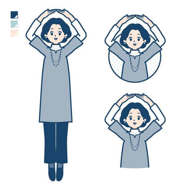 Middle-aged woman in a tunic with Making a circle with arms images.It's vector art so it's easy to edit. - Vektor, obrázek