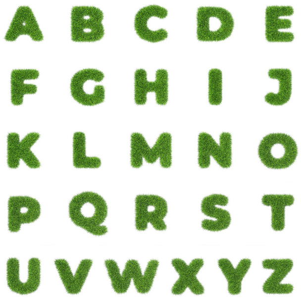 Grass letters alphabet on white background isolated fresh green 3D render grass - Photo, image