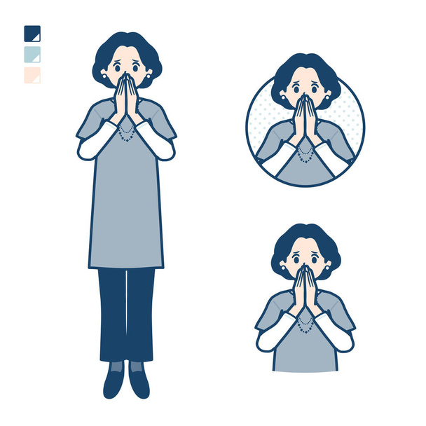 Middle-aged woman in a tunic with Surprised and uneasy images.It's vector art so it's easy to edit. - Vektor, obrázek