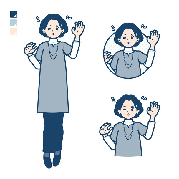 Middle-aged woman in a tunic with panic images.It's vector art so it's easy to edit. - Photo, image