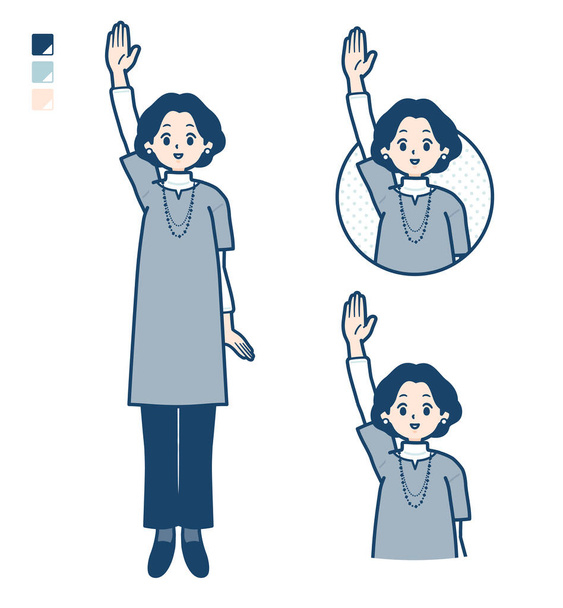 Middle-aged woman in a tunic with raise hand images.It's vector art so it's easy to edit. - Fotografie, Obrázek