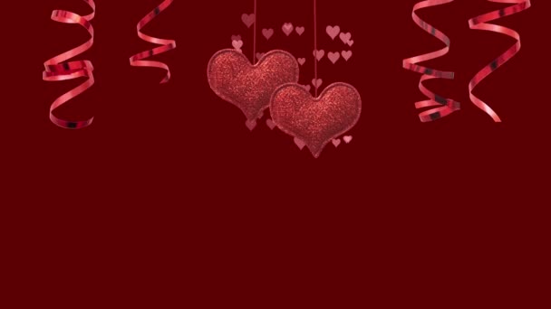 Bewegende rote Herzen und spiralförmige Luftschlangen als Dekoration. 4K-Animation für Happy Valentines Day. - Filmmaterial, Video