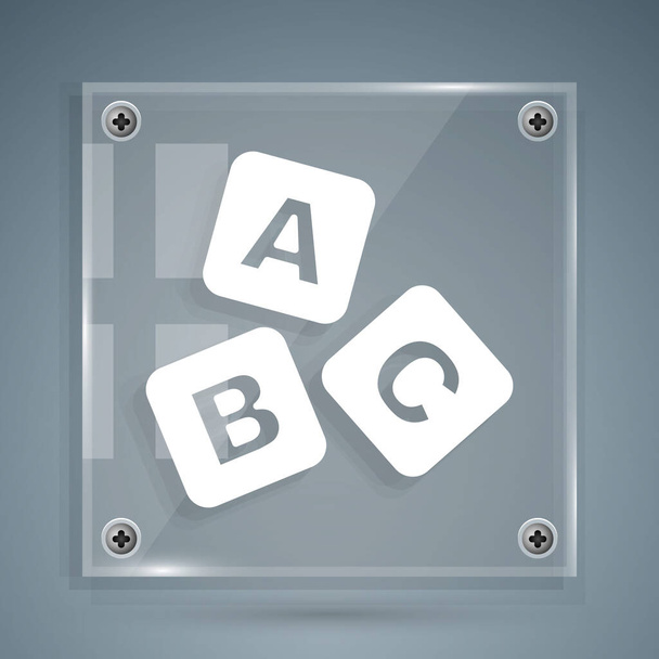 White ABC blocks icon isolated on grey background. Alphabet cubes with letters A,B,C. Square glass panels. Vector - Vetor, Imagem