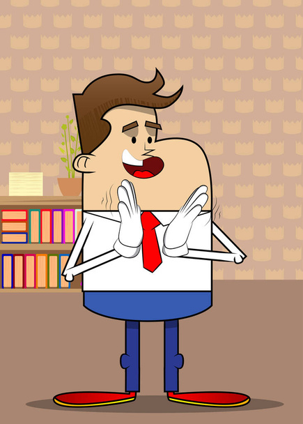 Egyszerű retro rajzfilm egy üzletemberről tapsoló kezekkel. Professzionális pénzügyi alkalmazott fehér inget visel piros nyakkendővel. - Vektor, kép