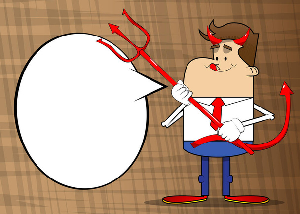Простий ретро мультфільм бізнесмена диявола з виделкою. Професійний фінансовий працівник у білій сорочці з червоною краваткою
. - Вектор, зображення
