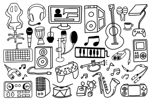 narzędzie do gier online i muzyki na żywo streaming koncepcja stylu doodle - Wektor, obraz