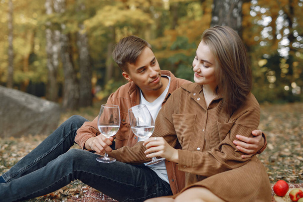 Beautiful couple spend time in a autumn park - Photo, image