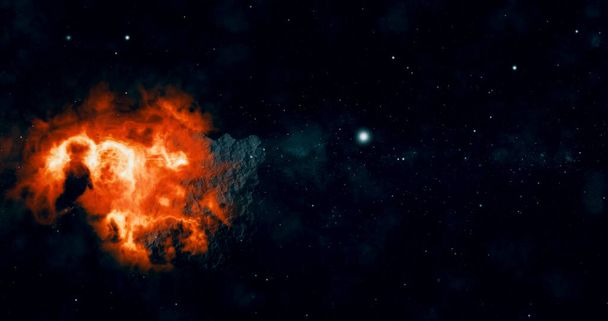 Um cometa, Fim do mundo. Astronomia. Um asteróide, um meteorito cai no chão contra um céu estrelado. Ataque do meteorito. - Foto, Imagem