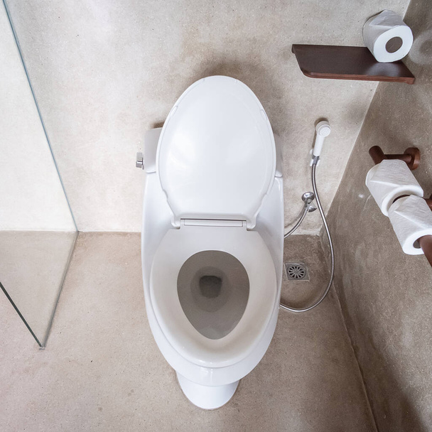 New ceramic toilet bowl and toilet paper. Cleaning, WC, Lifestyle and personal hygiene concept - Foto, Imagen